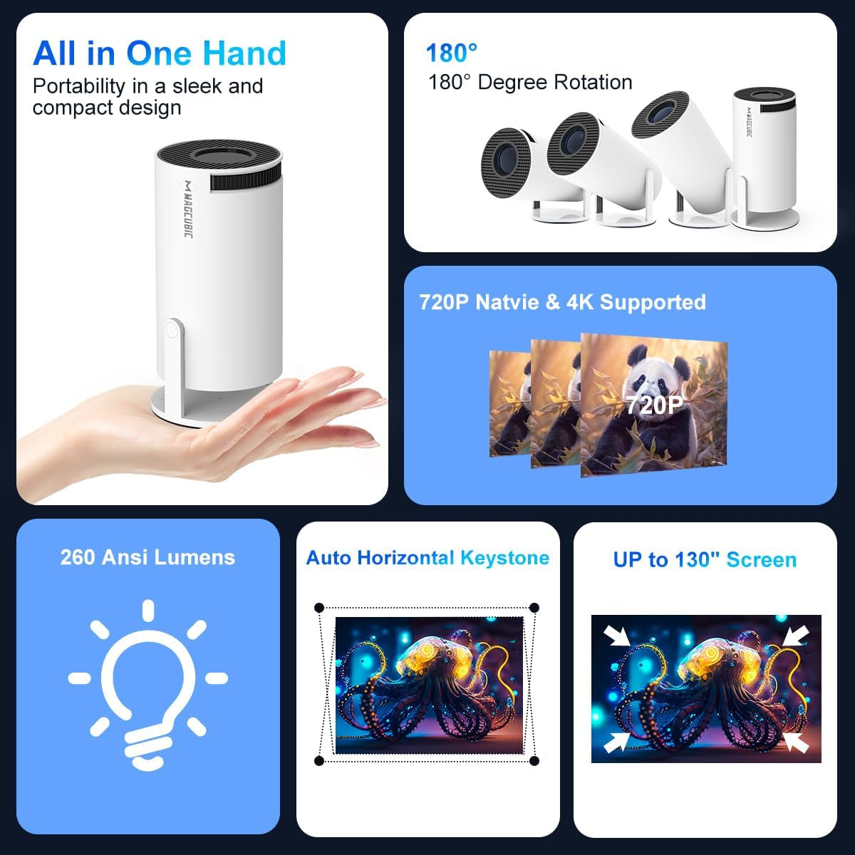 HY300PRO Auto Keystone Mini Portable Projector, 4K Support Smart Projector with Wifi 6 BT Air Remote, Screen Adjustment, 180 Degree Rotation, Home Video Projector Built-In Android 11.0 OS